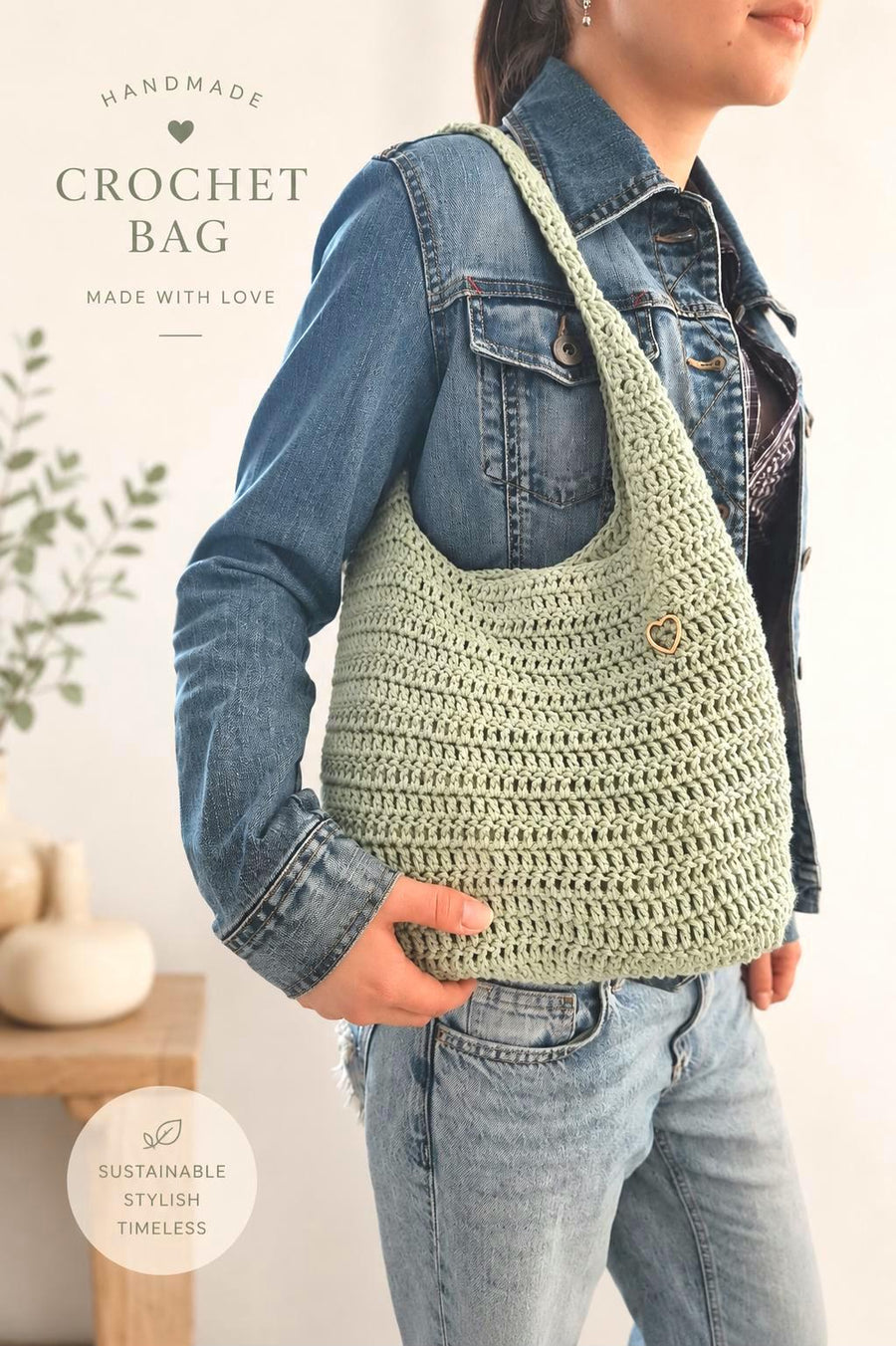 Minimalistische handgehäkelte Schultertasche aus Baumwolle in Naturfarben, 30 × 25 cm